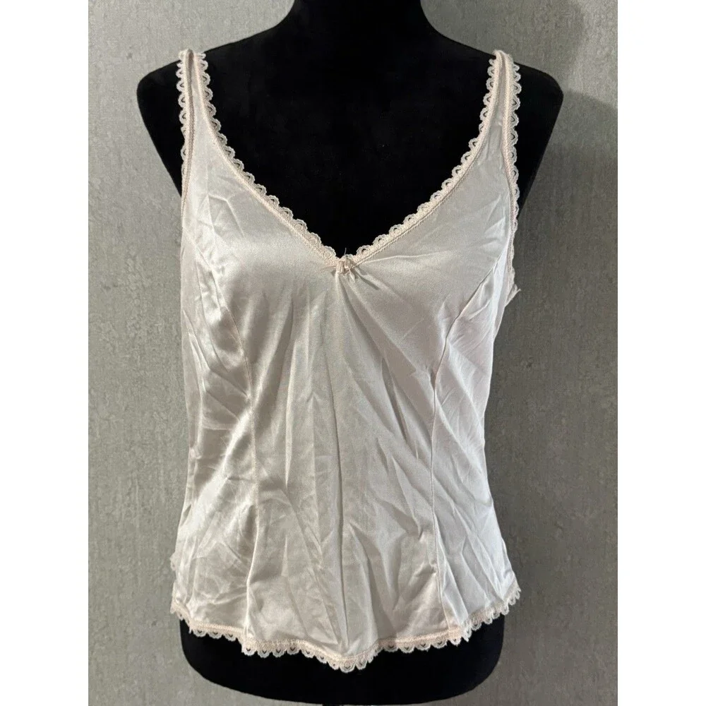 Vintage 80s Sears Peach Nylon Lace Trim Camisole Slip Tank Top Size 36 Coquette